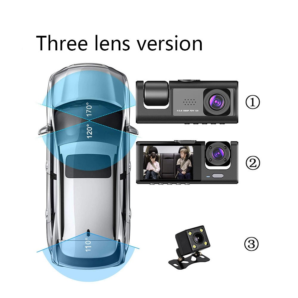 dashboard camera HD night vision 1080P car front car interior inside car rear 2-inch three-lens car camera with 32G SD card